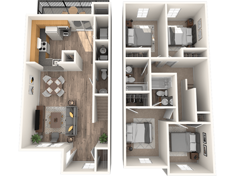 Floor plan for 4 beds, 2 baths, 1411 sqft